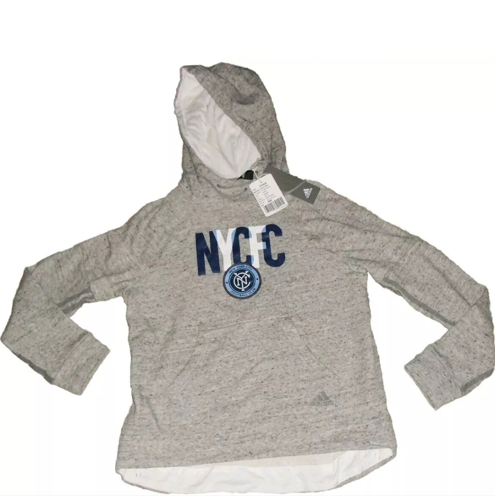 adidas NYFC Gray Heather Pullover Hoodie with Blue Logo